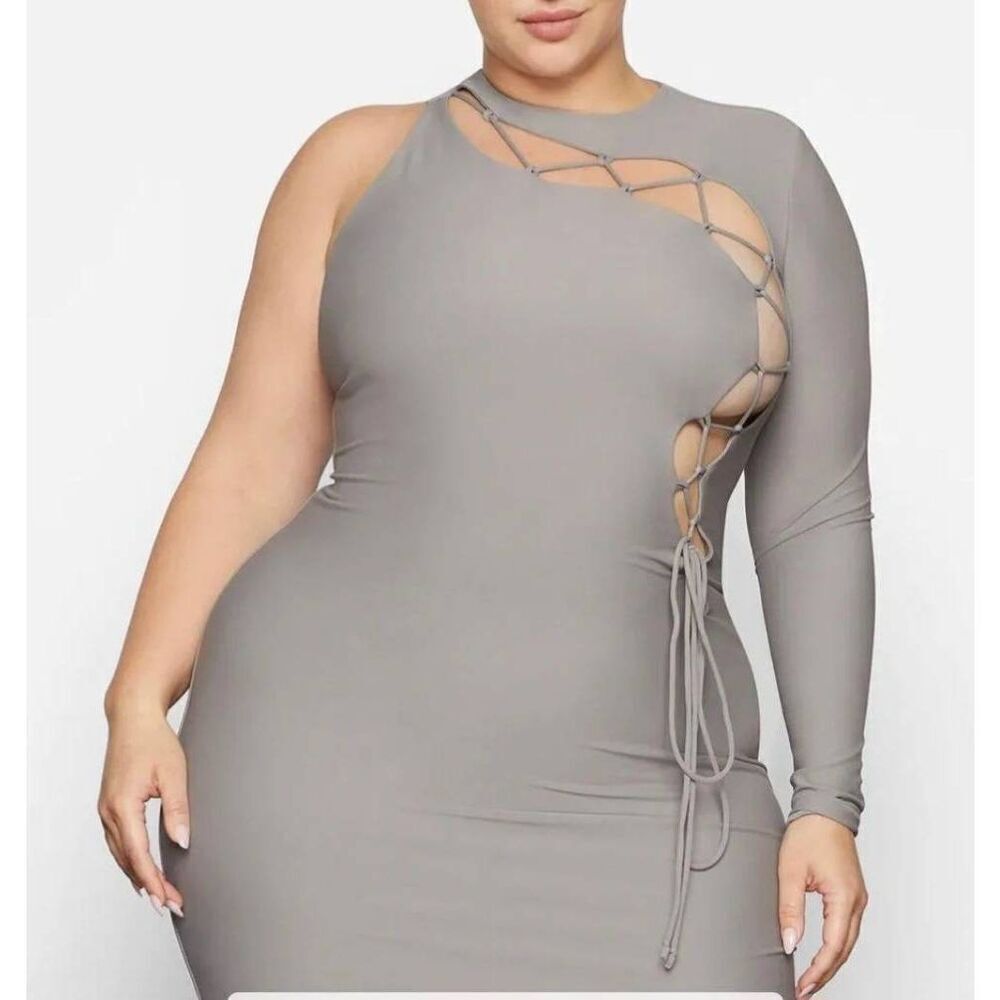 Skims Chrome Gray One Shoulder Lace-Up Mini Dress, 4X, NWT